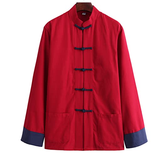 QPZK Baumwollleinen Tai Chi Uniform Tang Anzug Herren Hanfu Chinesische Traditionelle Kleidung Kampfsport Kleidung Kung Fu Uniform Atmungsaktiv Langarm Mantel Tops Hemdjacke Rot-XXL von QPZK