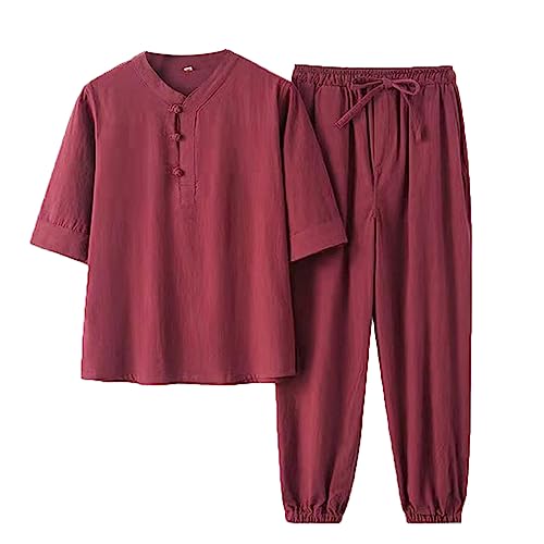 QPZK Baumwollwäsche Zen Meditation Tai Chi Uniform Männer Kampfkunst Set Tang Anzug Kurzarm Hosen, chinesische traditionelle Kleidung Kung Fu Kleidung atmungsablöser Tops red-L von QPZK