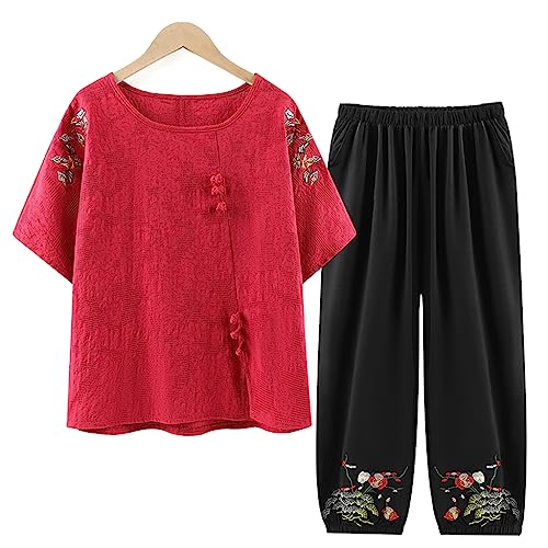 QPZK Frauen Tang Anzug Hanfu Chinesische traditionelle Kleidung, Erwachsene ältere Tai Chi -Uniform für Frauen Kampfkunst Kung Fu Kleidung Kurzärärmische Mantel und Hosen red-XXL von QPZK