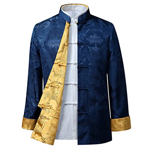 QPZK Kung Fu Jacke Beidseitig tragen Kleidung Herren Stickerei Tang Anzug Herren Hanfu Mantel Traditionelle chinesische Kleidung Baumwolle Leinen Tai Chi Kleidung Kampfsport Kleidung Lang Blau 1-L von QPZK