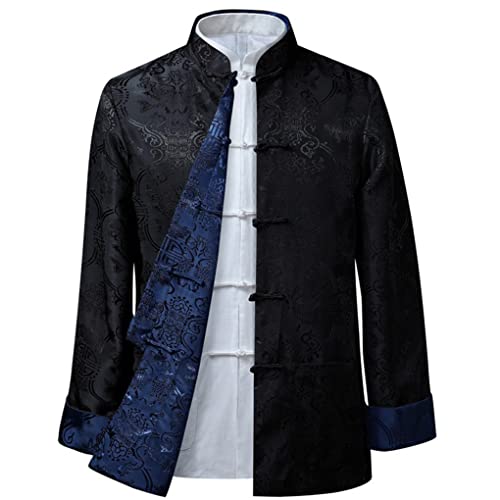 QPZK Kung Fu Jacke Beidseitig tragen Kleidung Herren Stickerei Tang Anzug Herren Hanfu Mantel Traditionelle chinesische Kleidung Baumwolle Leinen Tai Chi Kleidung Kampfsport Kleidung Lang Blau 3XL von QPZK