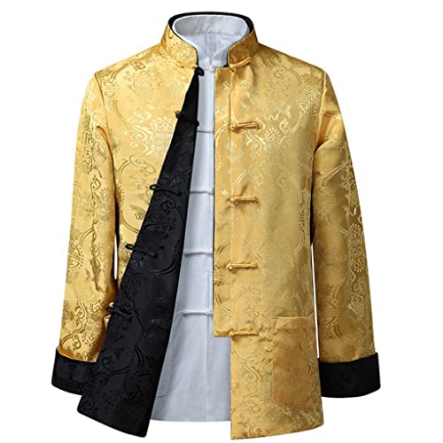 QPZK Kung Fu Jacke Beidseitig tragen Kleidung Herren Stickerei Tang Anzug Herren Hanfu Mantel Traditionelle chinesische Kleidung Baumwolle Leinen Tai Chi Kleidung Kampfsport Kleidung Lang Gelb XXL von QPZK