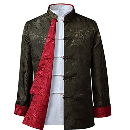 QPZK Kung Fu Jacke Beidseitig tragen Kleidung Herren Stickerei Tang Anzug Herren Hanfu Mantel Traditionelle chinesische Kleidung Baumwolle Leinen Tai Chi Kleidung Kampfsport Kleidung Lang Grün 1-3XL von QPZK