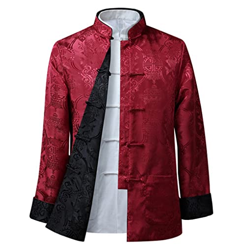 QPZK Kung Fu Jacke Beidseitig tragen Kleidung Herren Stickerei Tang Anzug Herren Hanfu Mantel Traditionelle chinesische Kleidung Baumwolle Leinen Tai Chi Kleidung Kampfsport Kleidung Lang Rot 1-L von QPZK