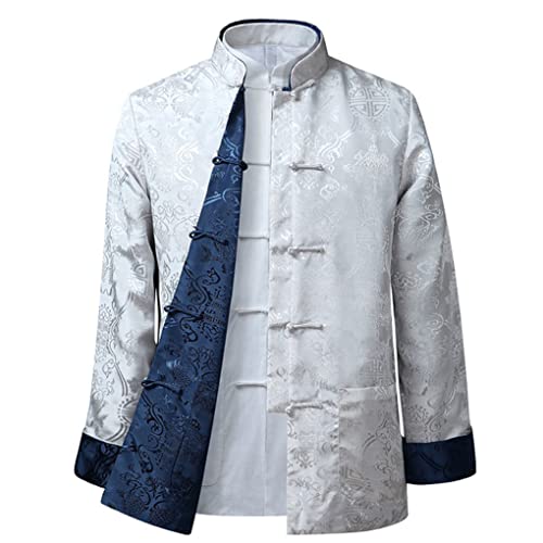 QPZK Kung Fu Jacke Beidseitig tragen Kleidung Herren Stickerei Tang Anzug Herren Hanfu Mantel Traditionelle chinesische Kleidung Baumwolle Leinen Tai Chi Kleidung Kampfsport Kleidung Lang Weiß - 3XL von QPZK