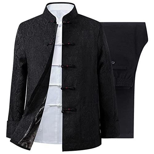 QPZK Winter-Tang-Anzug Plus Samt verdickte traditionelle chinesische Kleidung Jacke verdickter Anzug Kung-Fu-Anzug Kampfkunst-Kleidung langärmliger Mantel, Oberteile und Hosen (L,Black) von QPZK