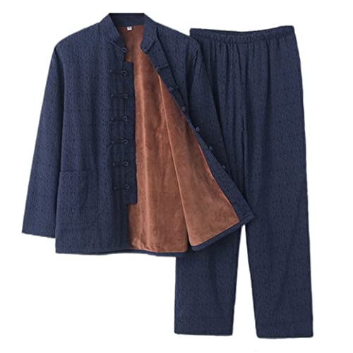 Winter Plüsch Jacquard Tang Anzug Herren Warm Dicke Tai Chi Uniform Set Chinesische Traditionelle Kleidung Kung Fu Uniform Jacke Langarm Mantel Tops Hose für Senioren, blau, L/XL von QPZK