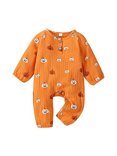 QQCSYGGBD Strampler für Neugeborene, Halloween, Baby, Langarm, Druck, Kürbis, Strampler, Neugeborene, Winter, Herbst, Overall mit Knöpfen für Neugeborene, Orange, 3-6 Monate von QQCSYGGBD