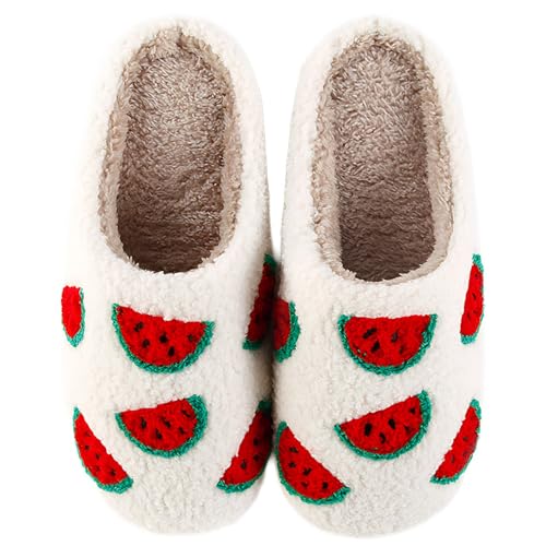 QQGB Damen Herren Süße Fuzzy Heart Hausschuhe Memory Foam Fluffy Paar Hausschuhe Gemütlich Haus Indoor Outdoor Schuhe, Wassermelone, 9-10 Women/8-8.5 Men von QQGB