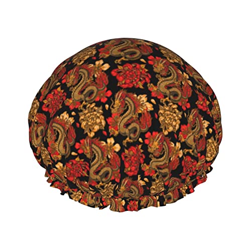 Drachenblumen-Duschhauben für Damen, wasserdicht, wiederverwendbar, Duschhaube, Badekappen, Turban, Duschhaube für Mädchen von QQIAEJIA