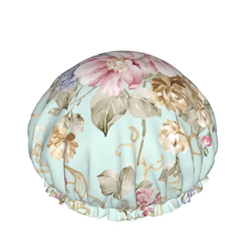 Frauen Wiederverwendbare Stretch Hem Haar Hut Blume Aquarell Floral Frühling Doppelschichten Wasserdichte Duschhaube Badekappe von QQIAEJIA