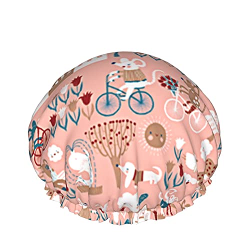 Frauen Wiederverwendbare Stretch Hem Haar Hut Camper Cartoon Maus Radfahren Rosa Doppelschichten Wasserdichte Duschhaube Badekappe von QQIAEJIA