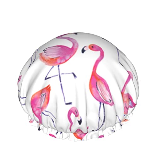 Frauen Wiederverwendbare Stretch Hem Haar Hut Fancy Niedlich Flamingos Aquarell Doppelschichten Wasserdichte Duschhaube Badekappe von QQIAEJIA