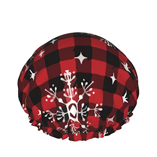 Frauen Wiederverwendbare Stretch Hem Haar Hut Rot Plaid Schneeflocken Weihnachten Doppelschichten Wasserdichte Duschhaube Badekappe von QQIAEJIA