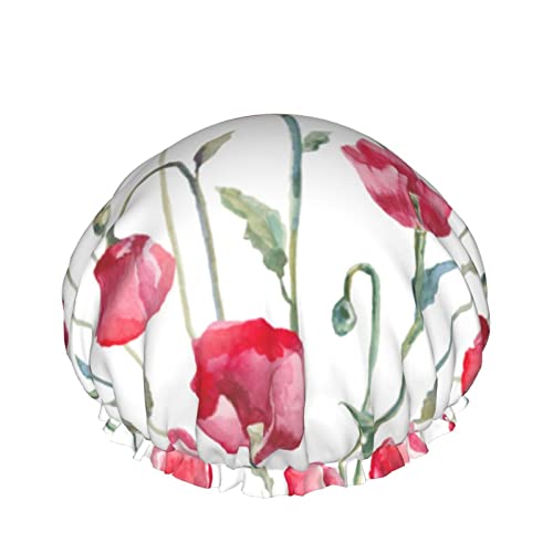 Frauen Wiederverwendbare Stretch Hem Haar Hut Rote Mohnblumen Aquarell Floral Doppelschichten Wasserdichte Duschhaube Badekappe von QQIAEJIA