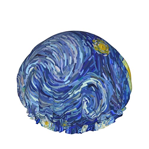 Frauen Wiederverwendbare Stretch Hem Haar Hut Sternennacht Mond Kunst Doppelschichten Wasserdichte Duschhaube Badekappe von QQIAEJIA