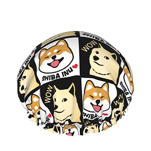 Frauen Wiederverwendbare Stretch Saum Haar Hut Schwarz Gitter Shiba Inu Doge Doppelschichten Wasserdichte Duschhaube Badekappe von QQIAEJIA