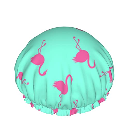Frauen wiederverwendbare Stretch Hem Haar Hut Niedlich Sommer Rosa Flamingo Doppelschichten Wasserdichte Duschhaube Badekappe von QQIAEJIA