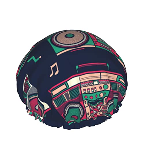 Frauen wiederverwendbare Stretch Hem Haar Hut Retro Boombox Radio Doppelschichten Wasserdicht Duschhaube Badekappe von QQIAEJIA