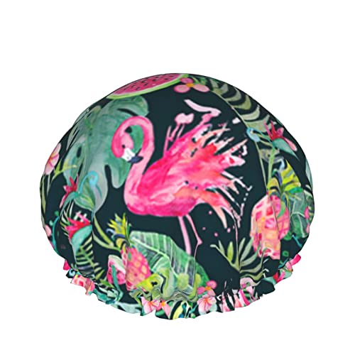 Frauen wiederverwendbare Stretch Hem Haar Hut Tropische Sommer Flamingo Floral Doppelschichten Wasserdichte Duschhaube Badekappe von QQIAEJIA