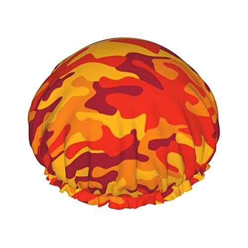 Orange Camo Camouflage Duschhaube für Frauen, wiederverwendbar, doppellagig, wasserdicht, mit PEVA gefüttert, Duschhut für alle langen Haarlängen, dehnbar, verstellbare Duschhauben von QQIAEJIA