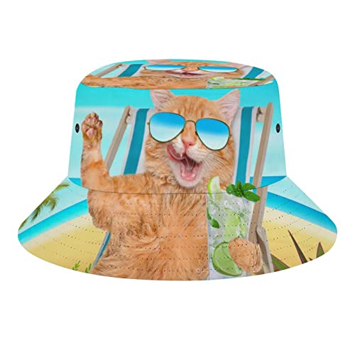 QQIAEJIA Neuheit Hawaii-Katze am Strand Bucket Hüte Unisex Strand Reise Hut Outdoor Angeln Kappe für Damen Herren, Hawaiian Cat B, One size von QQIAEJIA