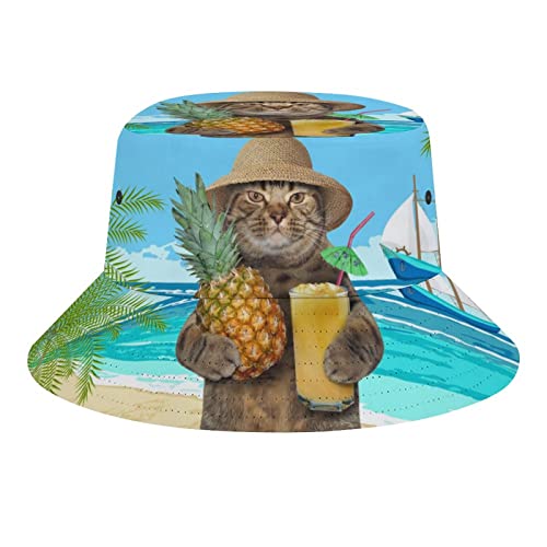 QQIAEJIA Hawaiianische Katze am Strand, Fischerhut, Unisex, Strandhut, Reisehut, Outdoor-Angelmütze für Damen und Herren, Hawaii-Katze mit Ananas, Einheitsgröße von QQIAEJIA