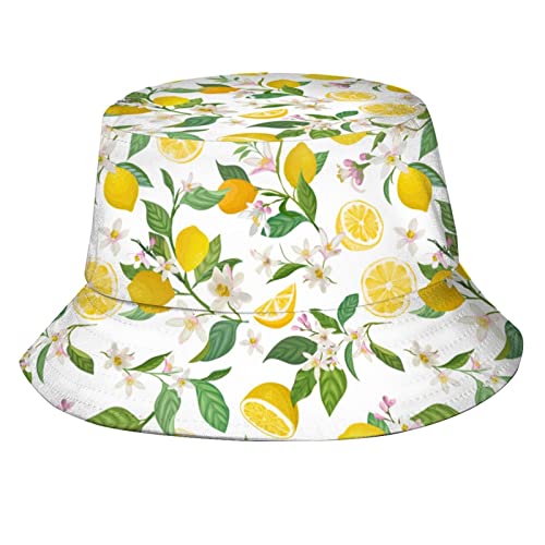 QQIAEJIA Unisex Sommer Obst Zitrone Eimer Hut, Sommer Strand Sonnenhut Fischerhüte für Frauen Männer Teenager, verstaubare Outdoor-Kappe, Weiße Blume und Zitrone, One size von QQIAEJIA