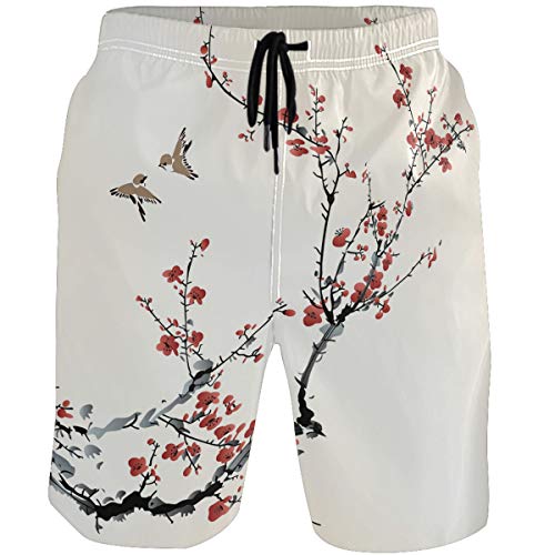 QQIAEJIA Wintersweet Bird Japanische Kirschblüte Herren Badehose Quick Dry Shorts mit Taschen, Siehe Abbildung, M von QQIAEJIA