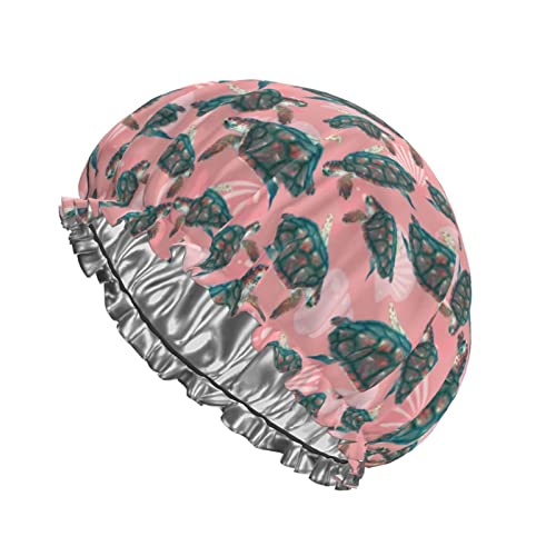 Sea Turtle Pink Seashell Shower Cap for Women Waterproof Washable for All Long Hair Bath Caps von QQIAEJIA