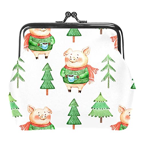 Süßes Schwein mit grünem Pullover, Kaffee, Weihnachtsbaum, Münzgeldbörse, Geldbörse, Tasche, Kleingeldbeutel, Geschenke für Frauen, Kinder, Mädchen, Schlüsselhalter, Mehrfarbig 10, Einheitsgröße, von QQIAEJIA