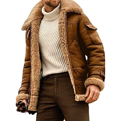 QQKKZX 2023 neue herren kamel stilvolle fliegende lederjacke, b3 bomberjacke, herren winter warme fleece revers jacke motorrad leder vintage mantel (Color : Brown, Size : XXL) von QQKKZX