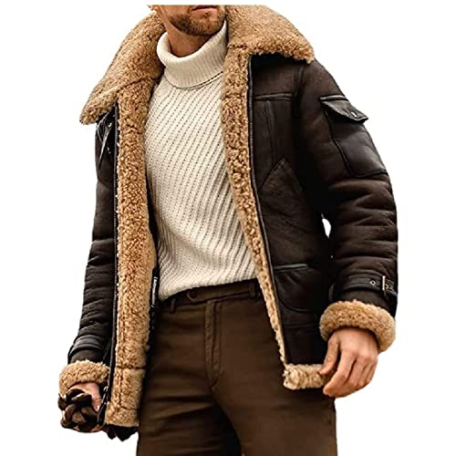 QQKKZX 2023 neue herren kamel stilvolle fliegende lederjacke, b3 bomberjacke, herren winter warme fleece revers jacke motorrad leder vintage mantel (Color : Dark Brown, Size : M) von QQKKZX