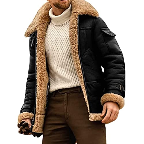 QQKKZX 2023 neue herren kamel stilvolle fliegende lederjacke, b3 bomberjacke, herren winter warme fleece revers jacke motorrad leder vintage mantel (Color : Noir, Size : 3XL) von QQKKZX