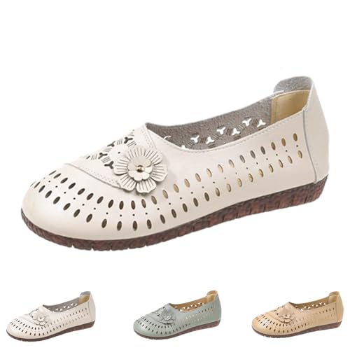 2024 New Women's Leather Hollow Orthopedic Soft-Soled Slip-On Loafers, Comfortable Casual Fashion Flats Breathable Shoes (Beige,EU-37) von QQLADY