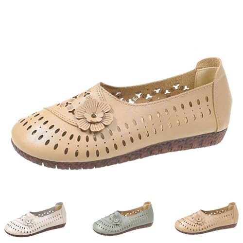2024 New Women's Leather Hollow Orthopedic Soft-Soled Slip-On Loafers, Comfortable Casual Fashion Flats Breathable Shoes (Khaki,EU-35) von QQLADY