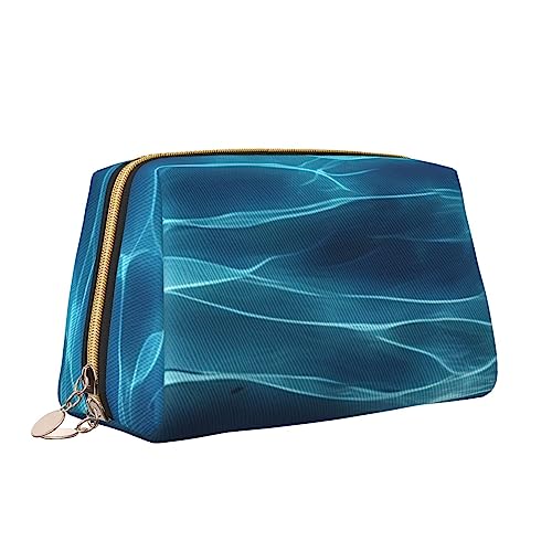 Blue Deep Ocean Leder Make-up Tasche Große Kapazität Reise Kosmetiktaschen Öffnung Make-up Tasche Tragbare Wasserdichte Kulturtasche für Frauen Mädchen Kosmetik Organizer, weiß, Einheitsgröße von QQLADY