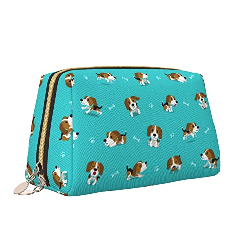 Cartoon Beagle Dog Leder Make-up Tasche Große Kapazität Reise Kosmetiktaschen Öffnung Make-up Tasche Tragbare Wasserdichte Kulturtasche für Frauen Mädchen Kosmetik Organizer, weiß, Einheitsgröße von QQLADY