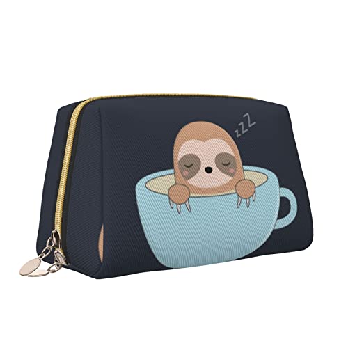 Cartoon Faultier in Kaffeetasse Leder Make-up Tasche Große Kapazität Reise Kosmetiktaschen Öffnung Make-up Tasche Tragbare Wasserdichte Kulturtasche für Frauen Mädchen Kosmetik Organizer, weiß, von QQLADY