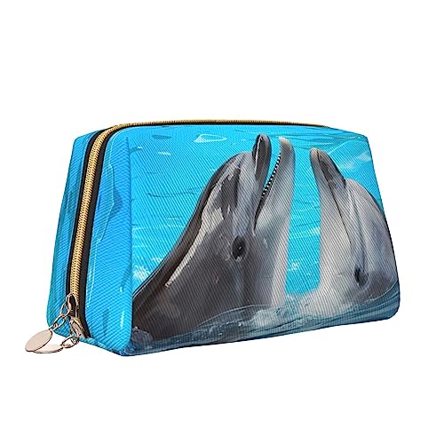 Coole Delphin Leder Make-up Tasche Große Kapazität Reise Kosmetiktaschen Öffnung Make-up Tasche Tragbare Wasserdichte Kulturtasche für Frauen Mädchen Kosmetik Organizer, weiß, Einheitsgröße von QQLADY