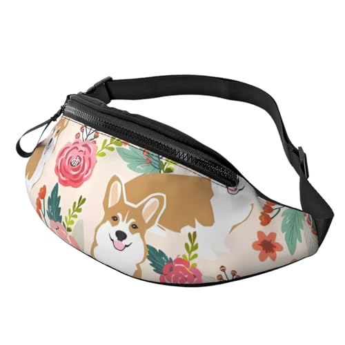 Corgi Floral Flowers Spring Garden Fanny Pack for Man Women Waist Bag Adjustable Belt Casual Chest Bag Bum Bags for Travel Sports Running Hiking Waist Packs, Schwarz , Einheitsgröße von QQLADY