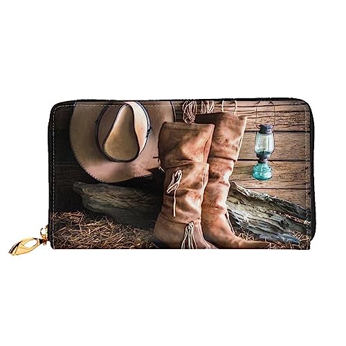 Cowgirl Stiefel Hut im Bauernhof Damen Leder Geldbörse Lange Reißverschluss um Geldbörse Clutch Geldbörse für Damen Mädchen Handy Geldbörse, Schwarz , Einheitsgröße, Klassisch von QQLADY