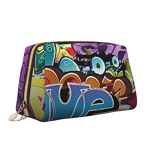 Graffiti Hip Hop Leder Make-up Tasche Große Kapazität Reise Kosmetiktaschen Öffnung Make-up Tasche Tragbare Wasserdichte Kulturtasche für Frauen Mädchen Kosmetik Organizer, weiß, Einheitsgröße von QQLADY