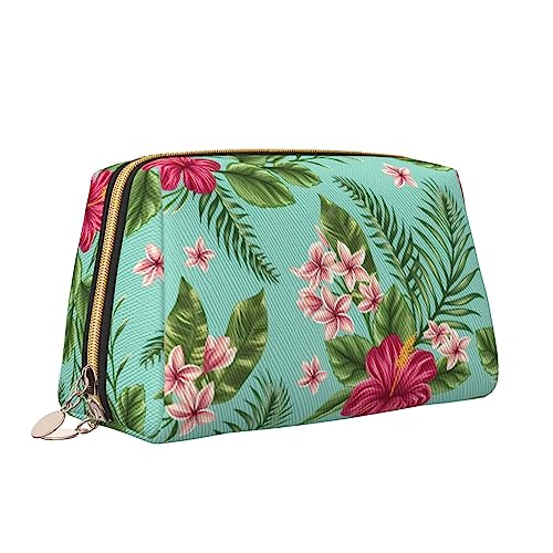 Hawaiianische tropische Blätter Blumen Leder Make-up Tasche Große Kapazität Reise Kosmetiktaschen Öffnung Make-up Tasche Tragbare Wasserdichte Kulturtasche für Frauen Mädchen Kosmetik Organizer, weiß, von QQLADY