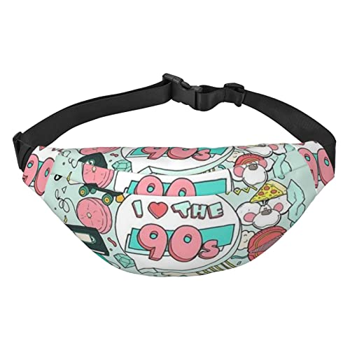 I Love The 90s Illustration Fanny Pack for Women Men Waist Bag Adjustable Belt Casual Chest Bag Bum Bags for Travel Hiking Waist Packs, Schwarz , Einheitsgröße von QQLADY