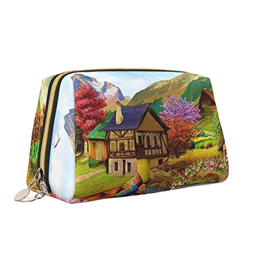 Lakeside Cottage Leder Make-up Tasche Große Kapazität Reise Kosmetiktaschen Öffnung Make-up Tasche Tragbare Wasserdichte Kulturtasche für Frauen Mädchen Kosmetik Organizer, weiß, Einheitsgröße von QQLADY