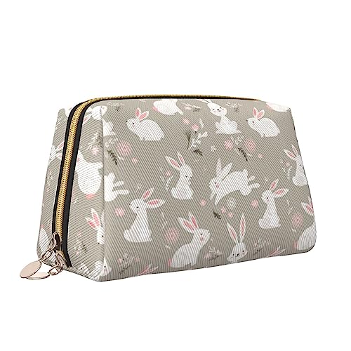 Make-up-Tasche mit Osterhasen-Blumenmuster, aus Leder, große Kapazität, Reise-Kosmetiktaschen, Öffnung, Make-up-Tasche, tragbar, wasserdicht, Kulturbeutel für Frauen und Mädchen, weiß, Einheitsgröße von QQLADY