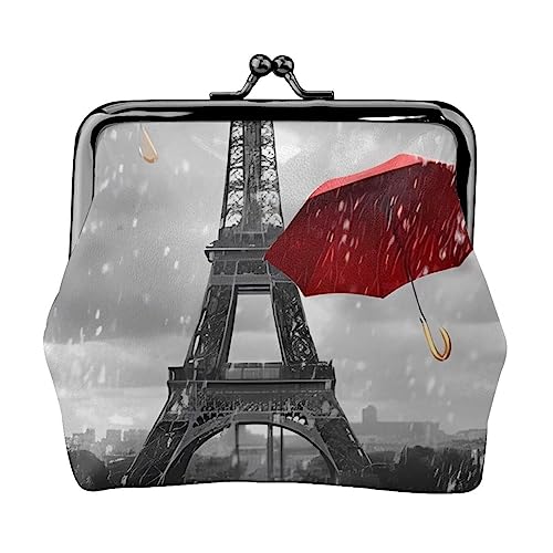 Münzgeldbörse Eiffelturm mit rotem Regenschirm Leder Kleingeldbörse Brieftasche Kuss Schloss Schnalle Münzhalter Kleingeldtasche für Frauen Mädchen, Schwarz , Einheitsgröße, Münzgeldbörse von QQLADY