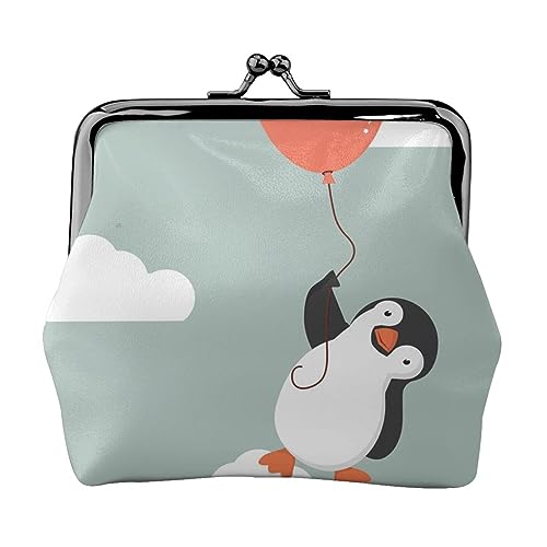 Münzgeldbörse niedlicher Pinguin mit Ballon, Leder, Wechselgeldbörse, Geldbörse, Kussverschluss, Schnalle, Münzhalter, Kleingeldtasche für Frauen und Mädchen, Schwarz , Einheitsgröße, Münzgeldbörse von QQLADY