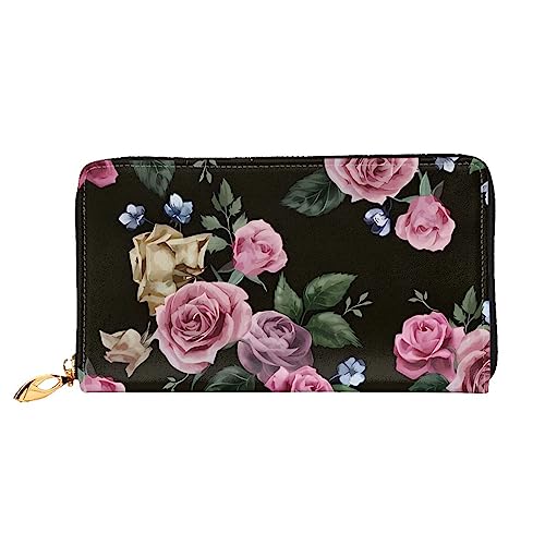 QQLADY Black Blackgound Rose Damen Leder Geldbörse Langer Reißverschluss um Geldbörse Clutch Geldbörse für Damen Mädchen Handy Geldbörse, Schwarz , Einheitsgröße, Klassisch von QQLADY